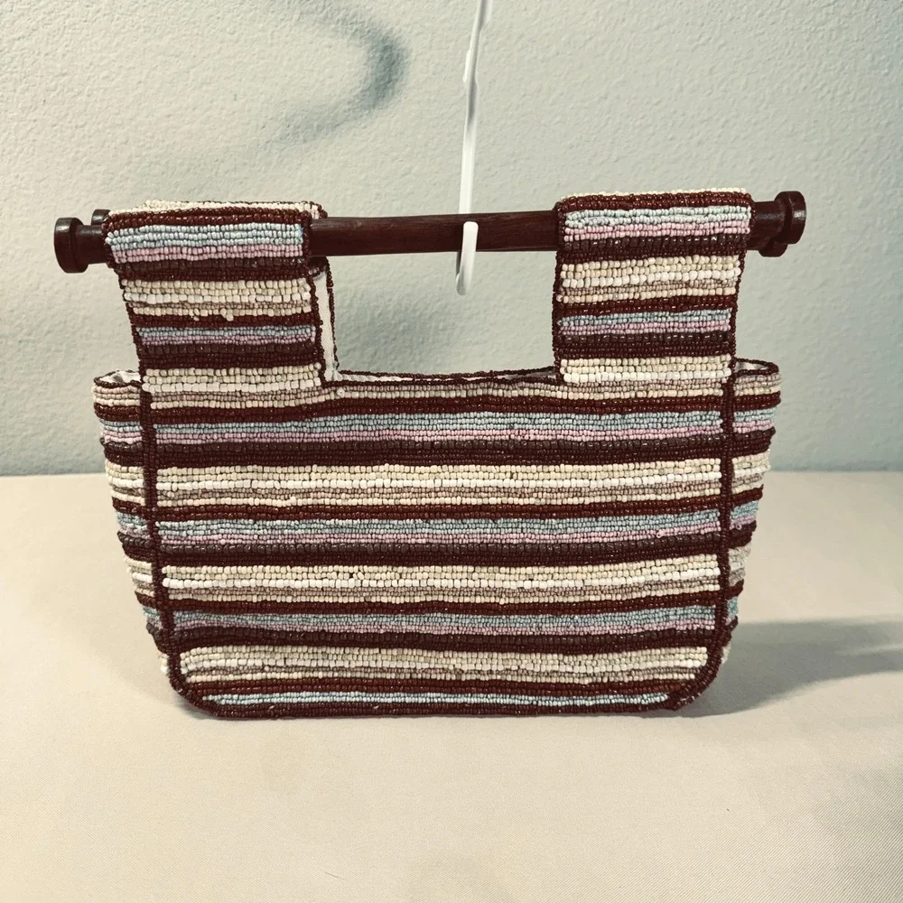Antonio Melani Glass Bead Handbag Wood Handle Brown‎ Cream Blue Pink Summer Boho - Picture 7 of 16